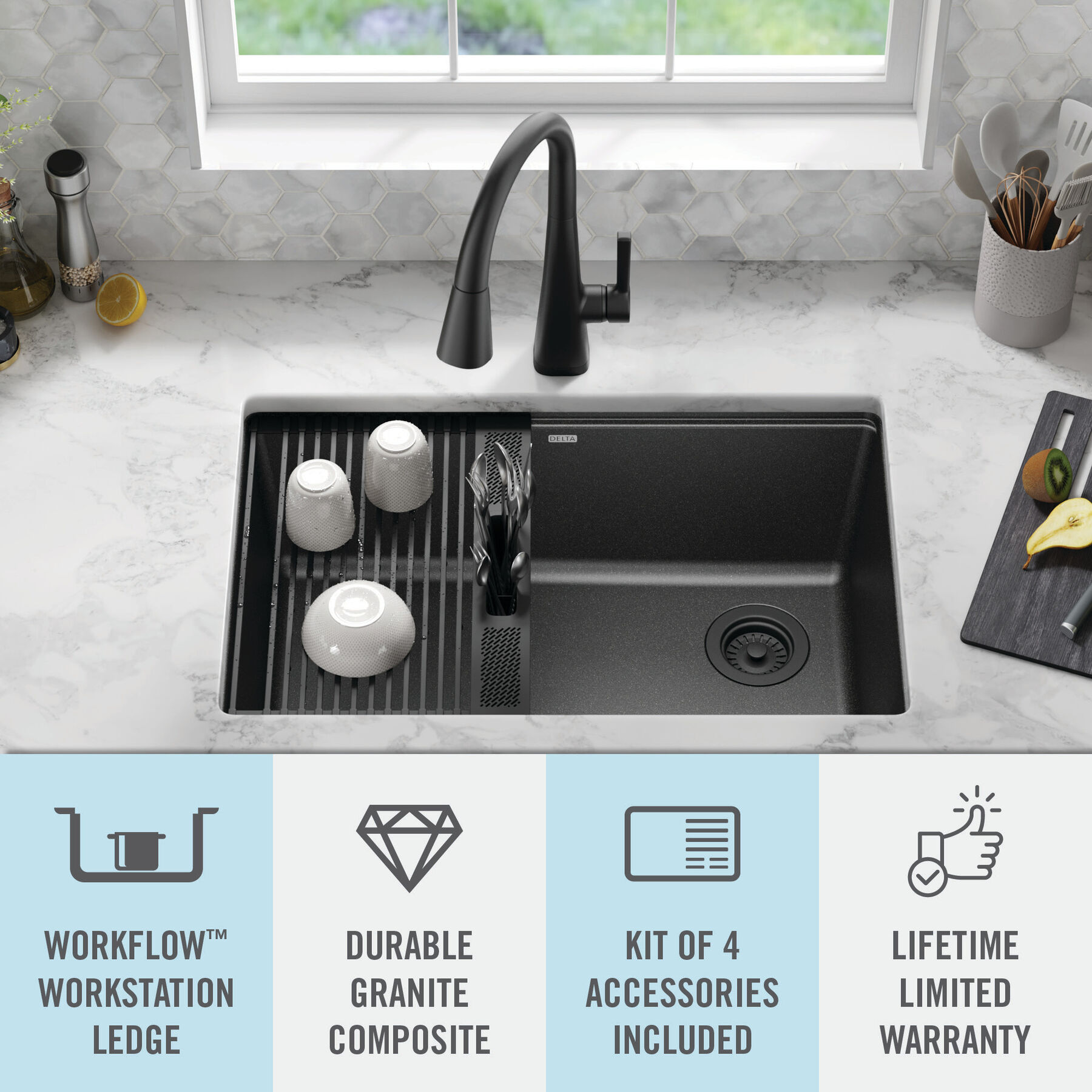 Lavabo de cocina tipo estación de trabajo con un receptáculo de compuesto de granito de 30" de montaje bajo encimera, con reborde WorkFlow™ y accesorios en negro metálico, imagen 18